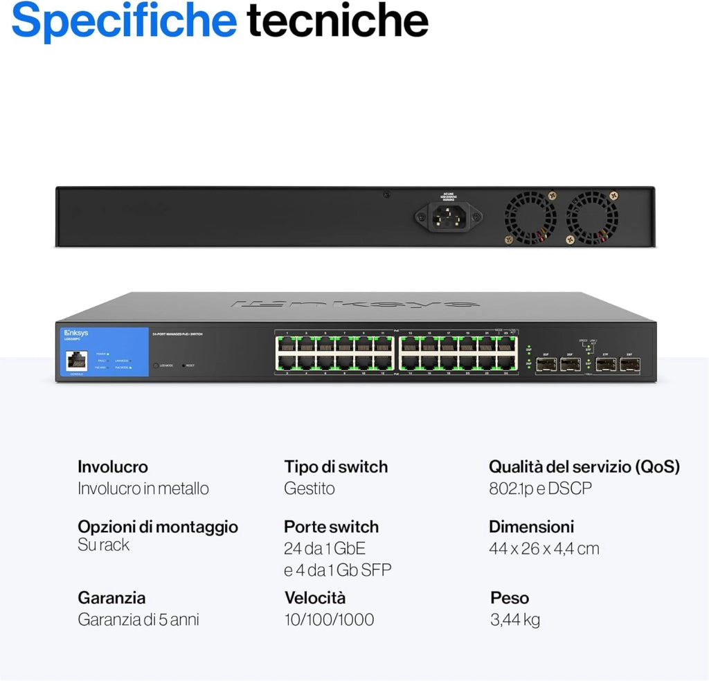 Switch Gigabit PoE+ Gestito a 24 Porte con 4 Porte 1GE SFP di Uplink, 250 W, Nero