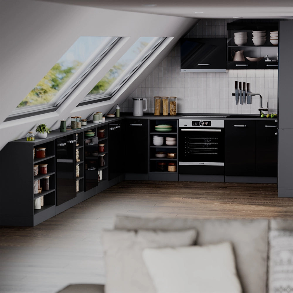 Mobile cucina sottotetto R-Line Nero lucido/Antracite 80 cm con 2 porte, carcassa 60 cm profondità Vicco