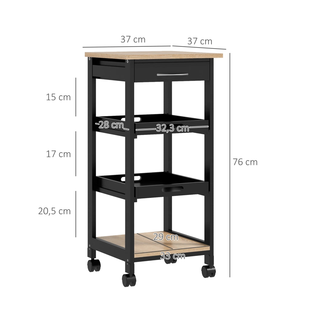 Tavolo da cucina con carrello, 2 ripiani, cassetto e scaffale ¨C zephmum ¨C legno quercia chiaro e nero
