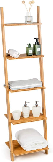 Scaffale a Scala con 5 Ripiani, Libreria Moderna in Bambù con Ripiani Aperti, Libreria a Parete Multiuso per Soggiorno Cucina Ufficio, 43x35,5x165 cm