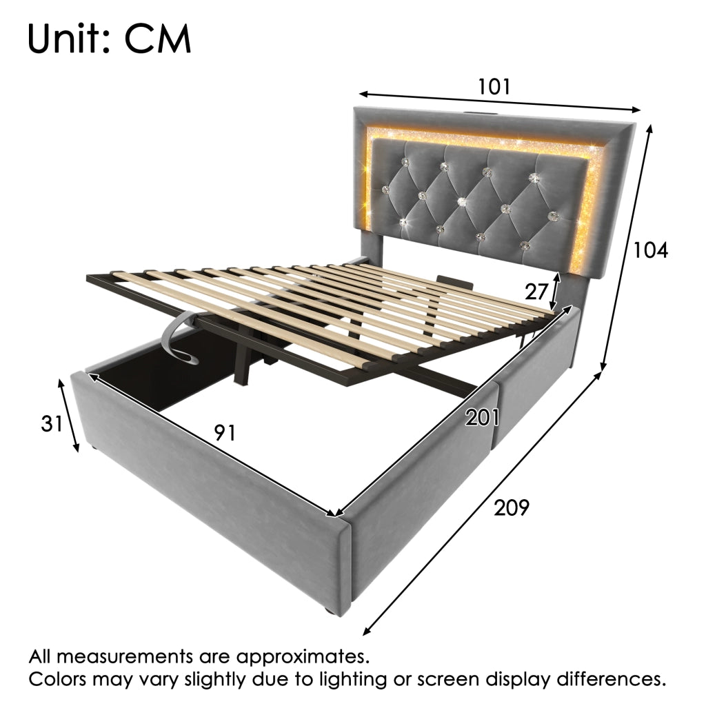LETTO 90x200 cm in velluto grigio con LED, USB e materasso incluso