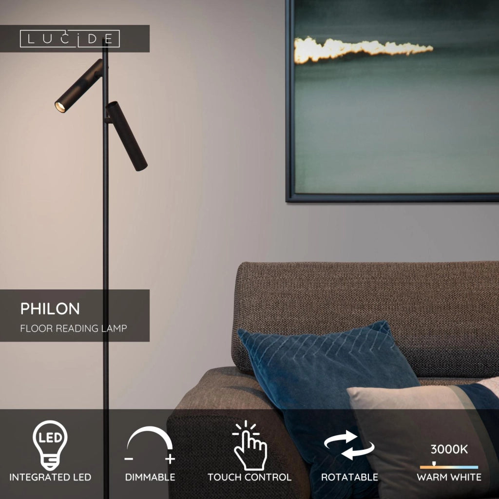 Lampada da terra LED 2 faretti nera PHILON Lucide