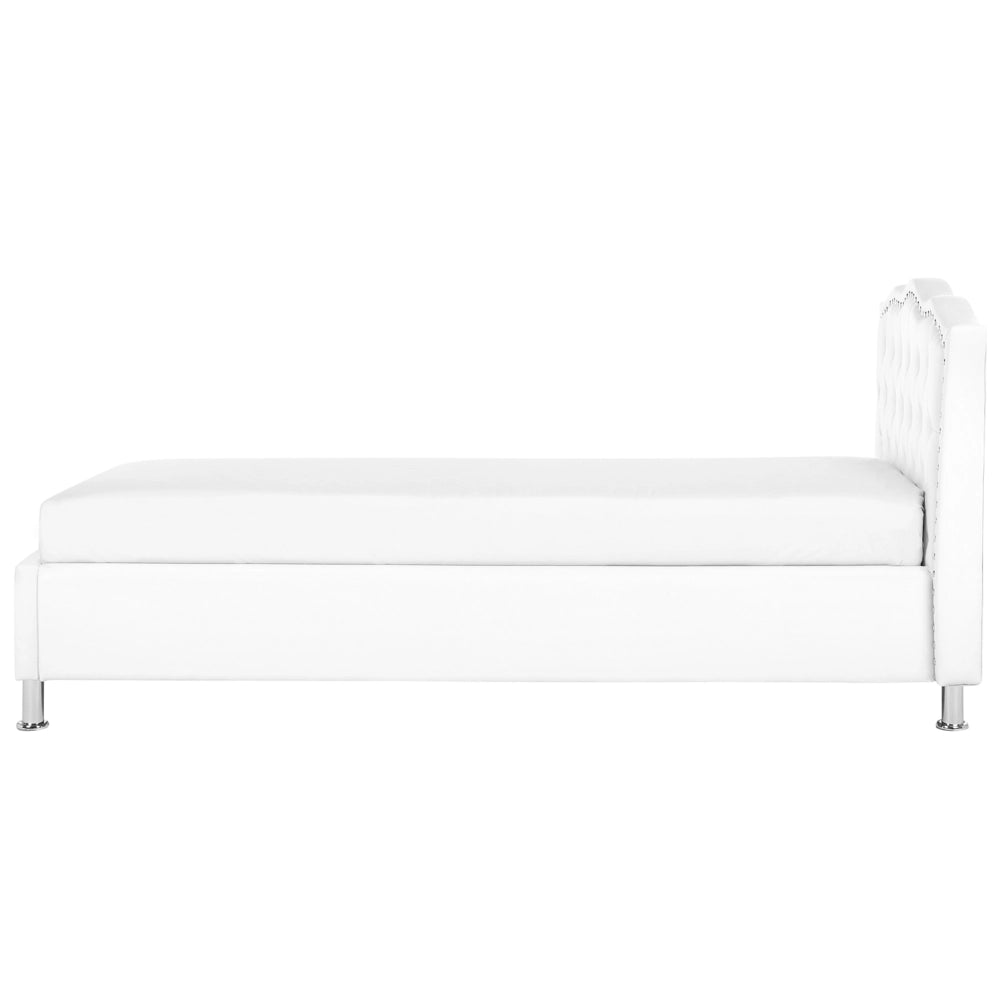 Letto singolo in ecopelle bianca con struttura imbottita da 90 x 200 cm con rifiniture per la testa dei chiodi contenitore
