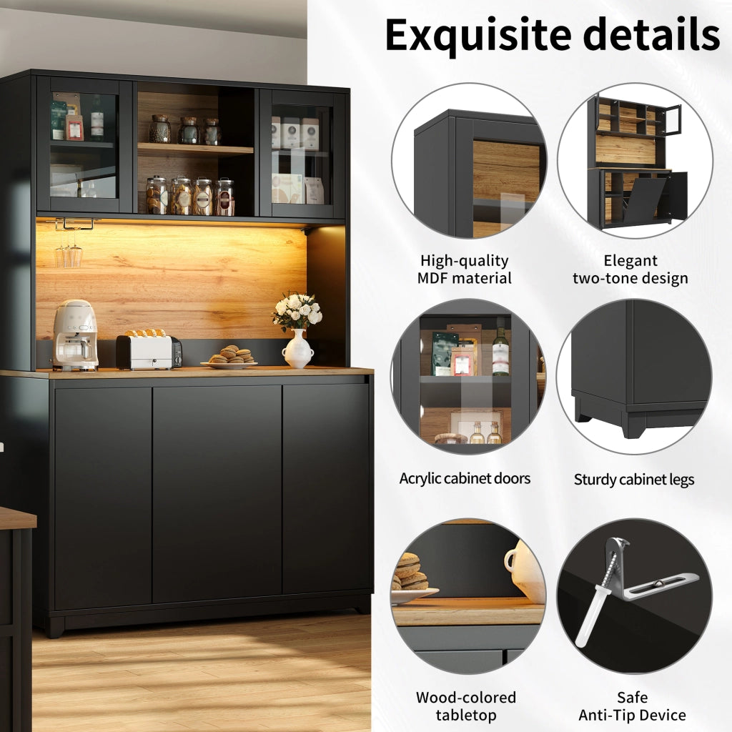 Mobili da cucina, credenze, ante in acrilico, illuminazione a LED, finiture effetto legno, nero