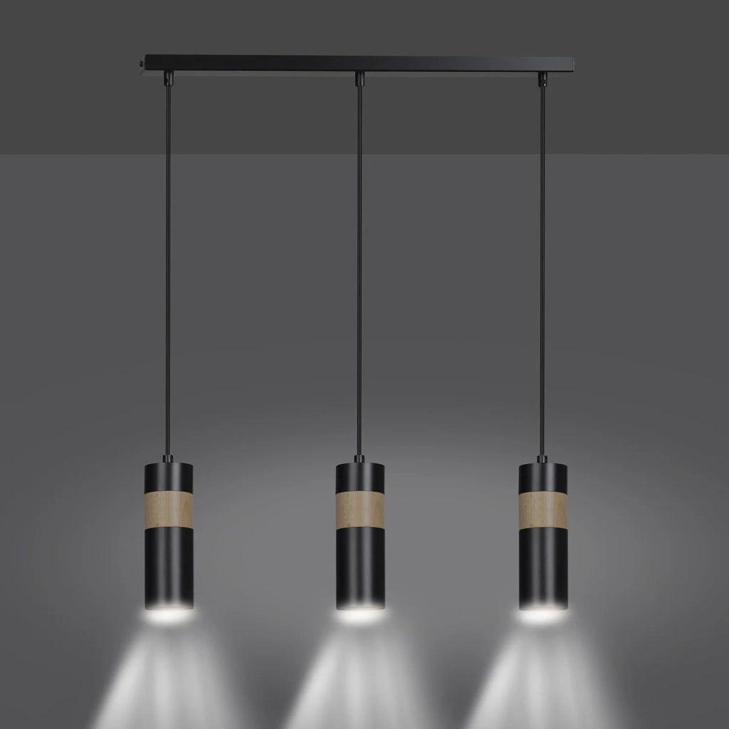 Lampadario 3 Luci Change In Acciaio Nero A Cilindro Con Legno Naturale