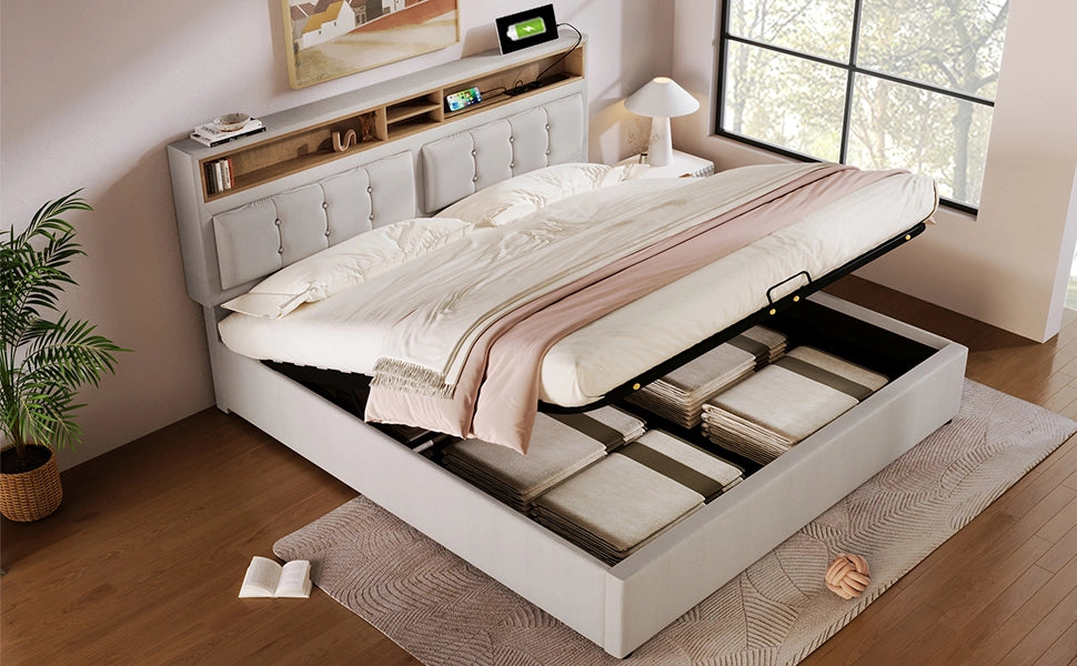 DESMIU Letto Contenitore Letto Matrimoniale con USB, Type-C e 4 Vani, 160 × 200 cm, Senza Materasso, Lino Beige