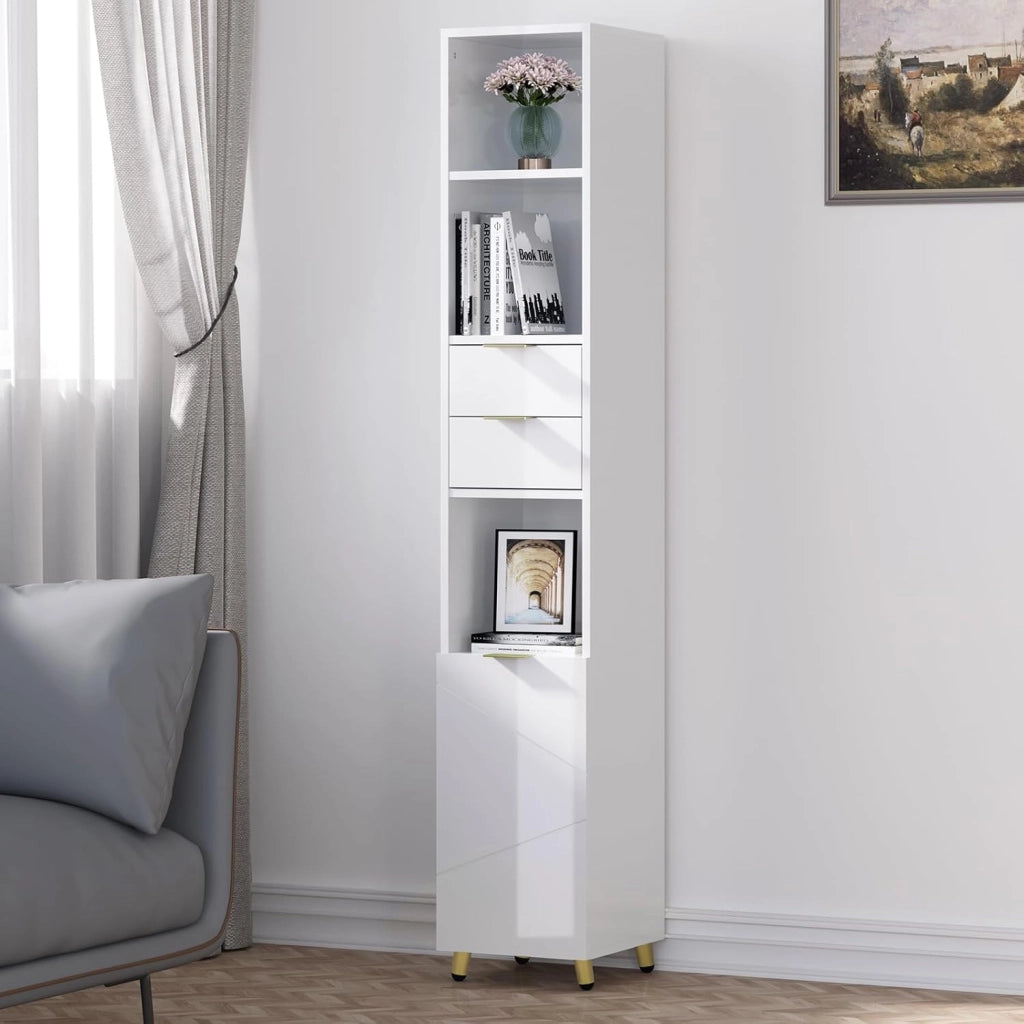 Mobile da Bagno Salvaspazio Alto e Stretto, Colonna da Bagno con 2 Cassetti, 3 Scomparti a Giorno, 1 Vano con Anta, Ripiani Regolabili, in MDF e Metallo, Bianco Lucido, 30x28,5x160cm