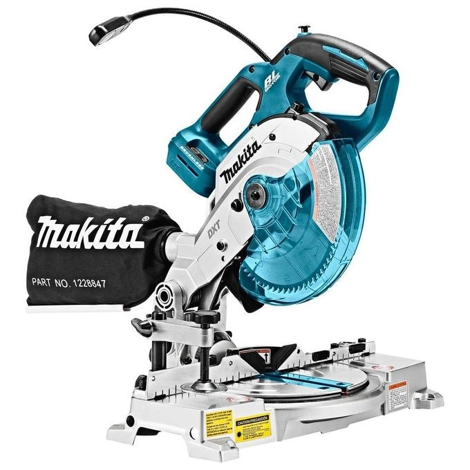 Makita DLS600Z Troncatrice da banco a batteria 18V motore brushless lama 165 mm guida laser LED integrato sacchetto raccogli polvere colore Blu - antracite