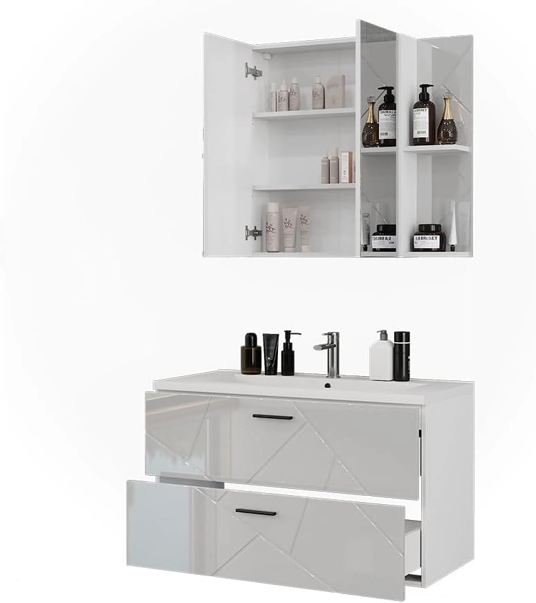 Set di mobili da bagno Irma, Bianco/bianco lucido, 100 cm, composto da mobile sottolavabo con lavabo e specchio per bagno
