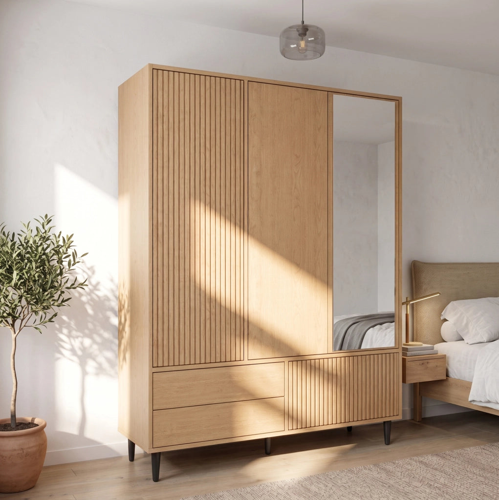 Armadio guardaroba 3 ante con specchio; 135x45x200 cm; 3 cassetti; MDF e acciaio bianco