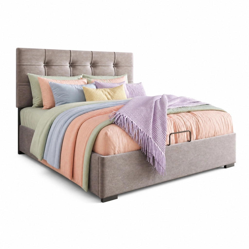 Letto imbottito singolo 90x200 cm con testiera regolabile; contenitore; velluto grigio chiaro