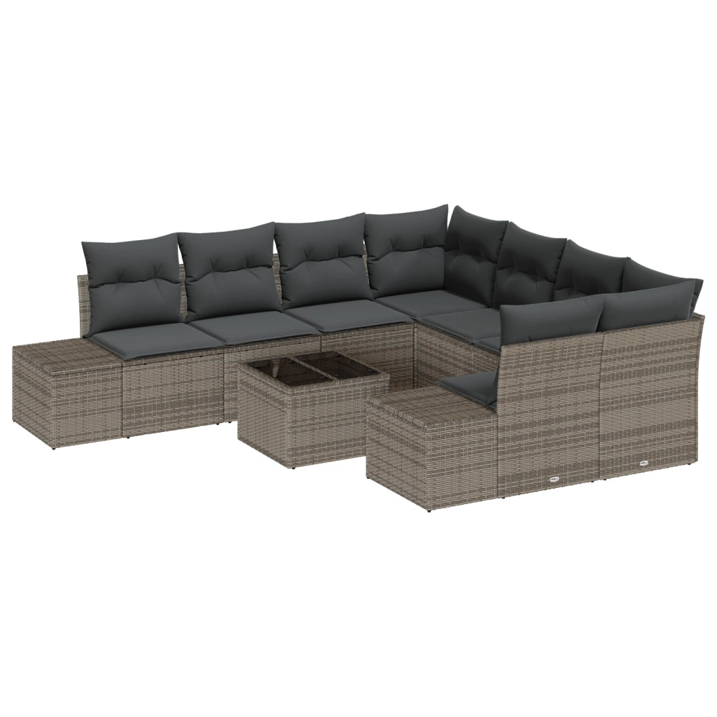 Set Divano da Giardino da 9 Pezzi con Cuscini Grigio Polyrattan