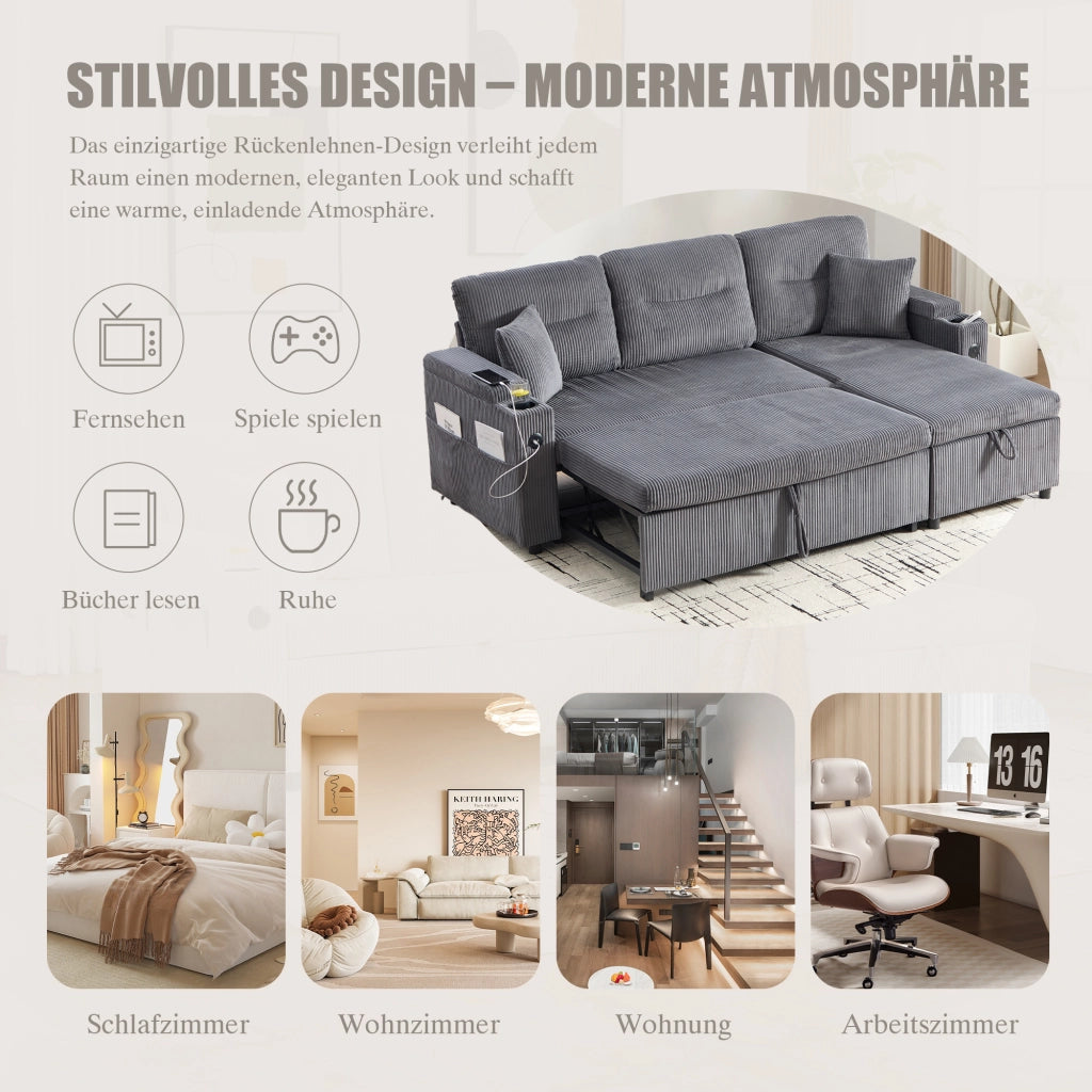 DIVANO 3 POSTI CON CHAISE LONGUE E LETTO ESTRAIBILE 212.5x136x86 cm GRIGIO