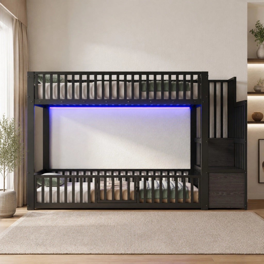 Letto a castello 90x200 cm con LED e scala; in MDF e metallo; nero