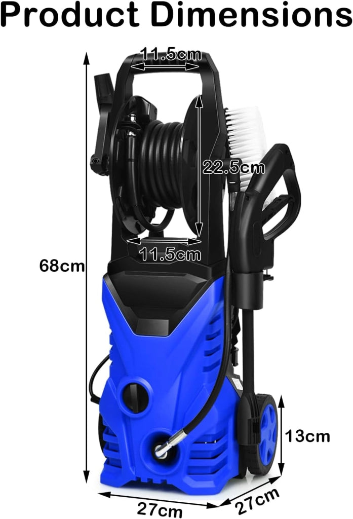 Pulitore ad alta pressione 1500 W, pulitore elettrico 140 bar, 5 l/min, con ugelli, raccordo ingresso acqua, vasetto da bucato, spazzola cavo elettrico 5 m, per auto, terrazza, parete (blu+nero)