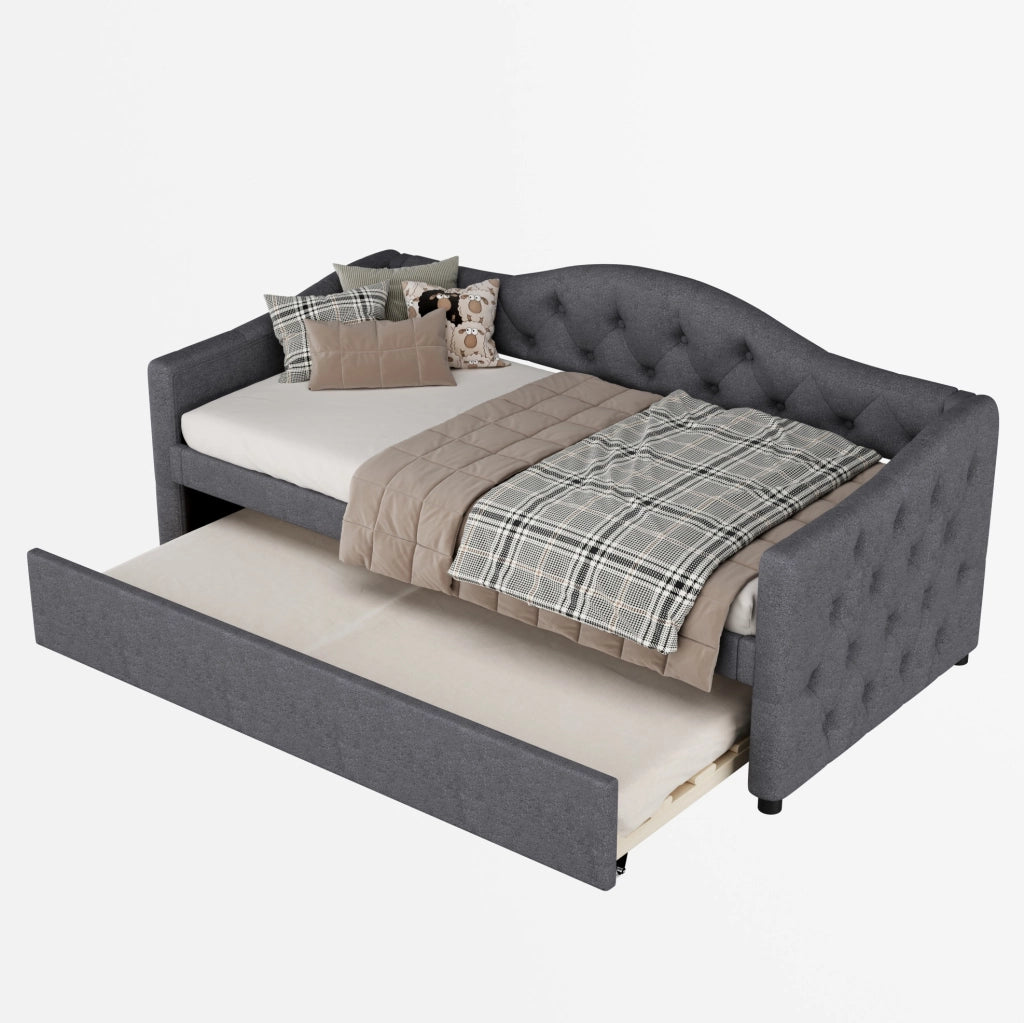 Letto singolo estraibile 90x200 cm in lino e MDF grigio con letto a rotelle