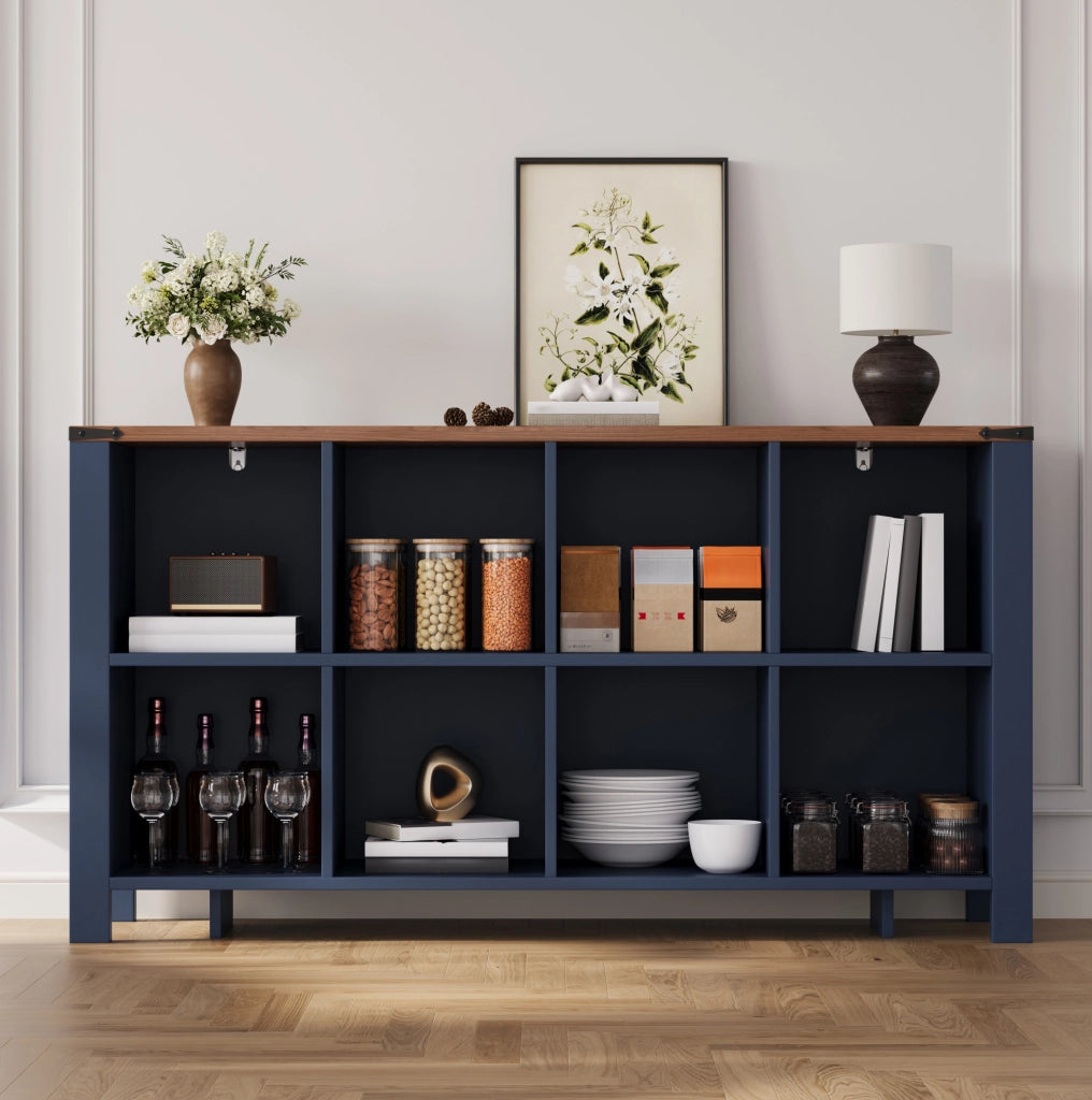 Mobile contenitore a 8 vani aperti 140x34x75 cm in MDF blu HOMVRA