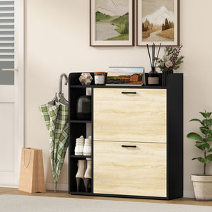 Scarpiera Slim 83x24x90.5 cm per 15 Scarpe con 2 Cassetti Ribaltabili e 3 Vani Aperti Nero