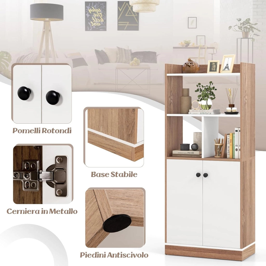 Libreria Scaffale con 2 Ante di Stoccaggio, Libreria Salvaspazio Moderna con 4 Ripiani in Legno Aperti, Mobile Alto Ufficio, per Soggiorno, Camera da Letto, 60 x 30 x 140 cm