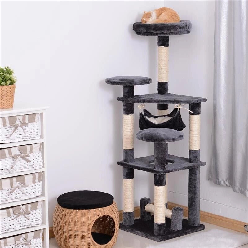 ALBERO TIRAGRAFFI PER GATTI A 4 LIVELLI IN PELUCHE SISAL NATURALE GRIGIO 40X40X132CM