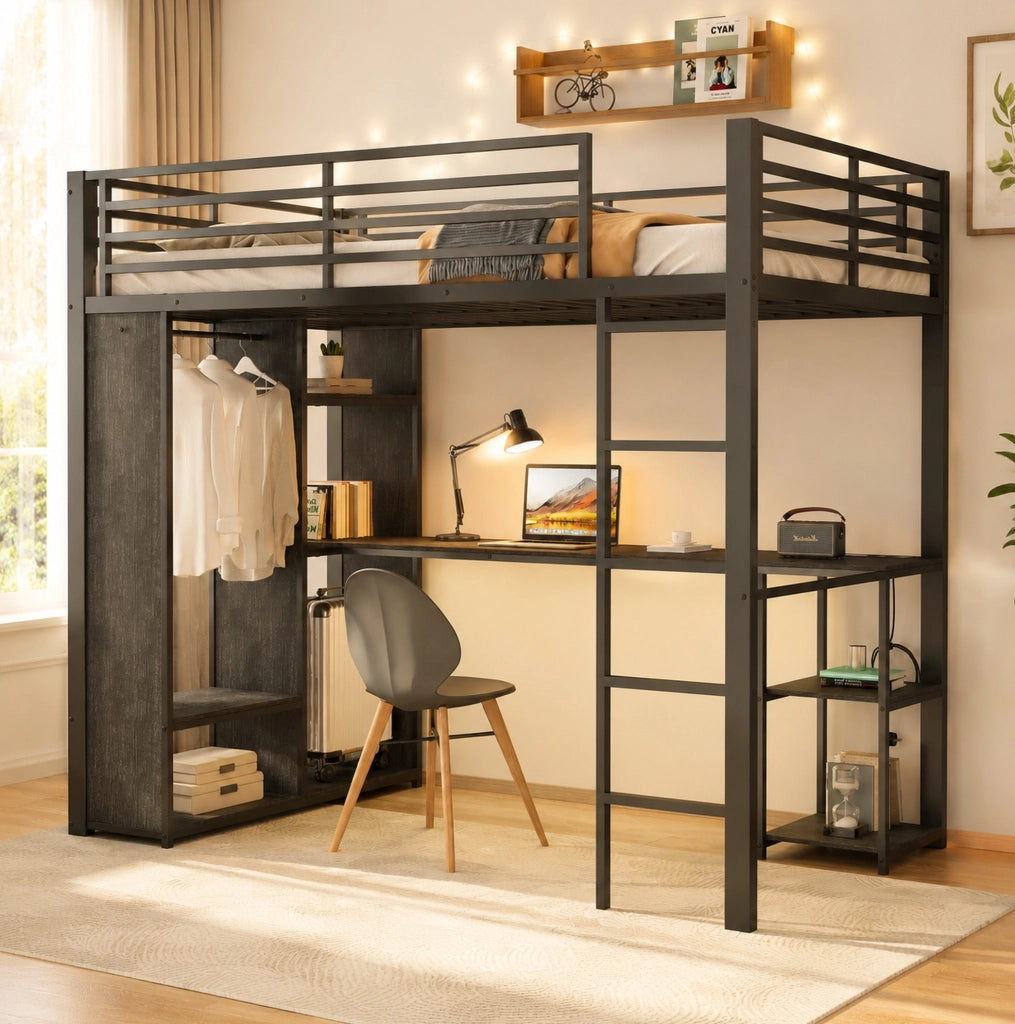 Letto a soppalco 90 x 200 cm in metallo e MDF con LED; scrivania e armadio aperto; nero