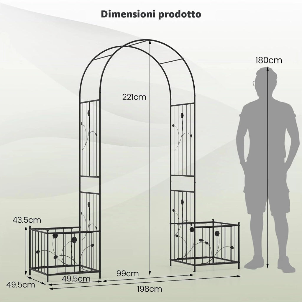 Arco da Giardino, Pergolato in Metallo con Fioriere Laterali, Arco da Esterno per Piante Rampicanti, Rose e Viti, Decorazione per Matrimonio e Festa, 198 x 49,5 x 221 cm