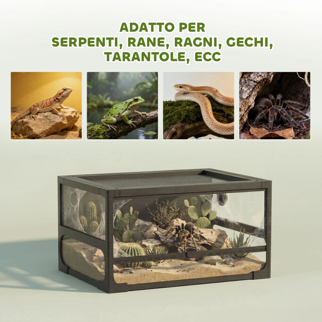 Rettilario Rialzato e Pieghevole 60x45x32 cm con Coperchio e Pareti in Vetro Temperato e Plastica Nero