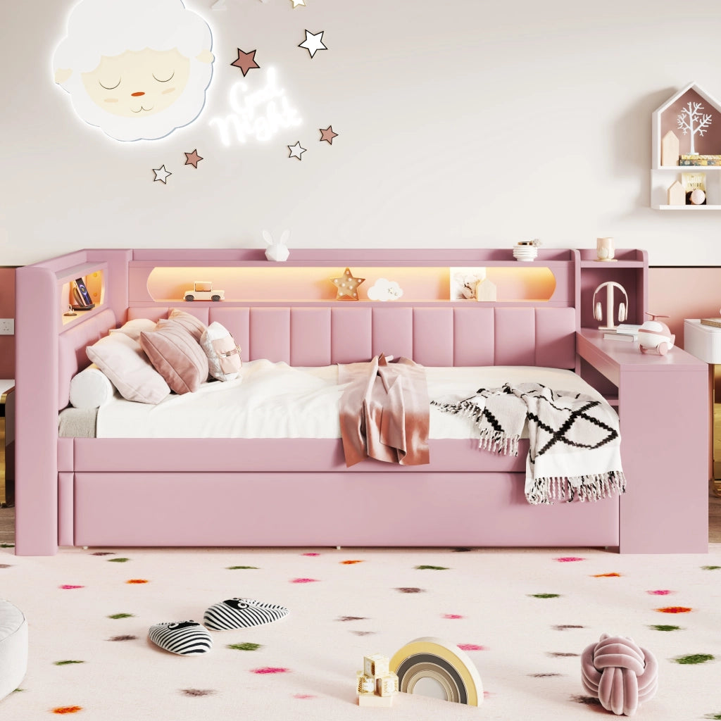 Letto Singolo 90x200 cm con USB; LED; letto estraibile; scrivania e ripiani - Rosa
