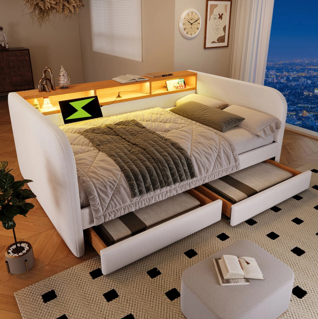 Letto imbottito 140x190 cm con LED; USB C e 2 cassetti; lino beige