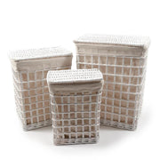 SET 3 CESTE RETTANGOLARI PORTABIANCHERIA IN VIMINI BIANCO EFFETTO RETE CON COPERCHIO, INTERNO IN TESSUTTO BEIGE