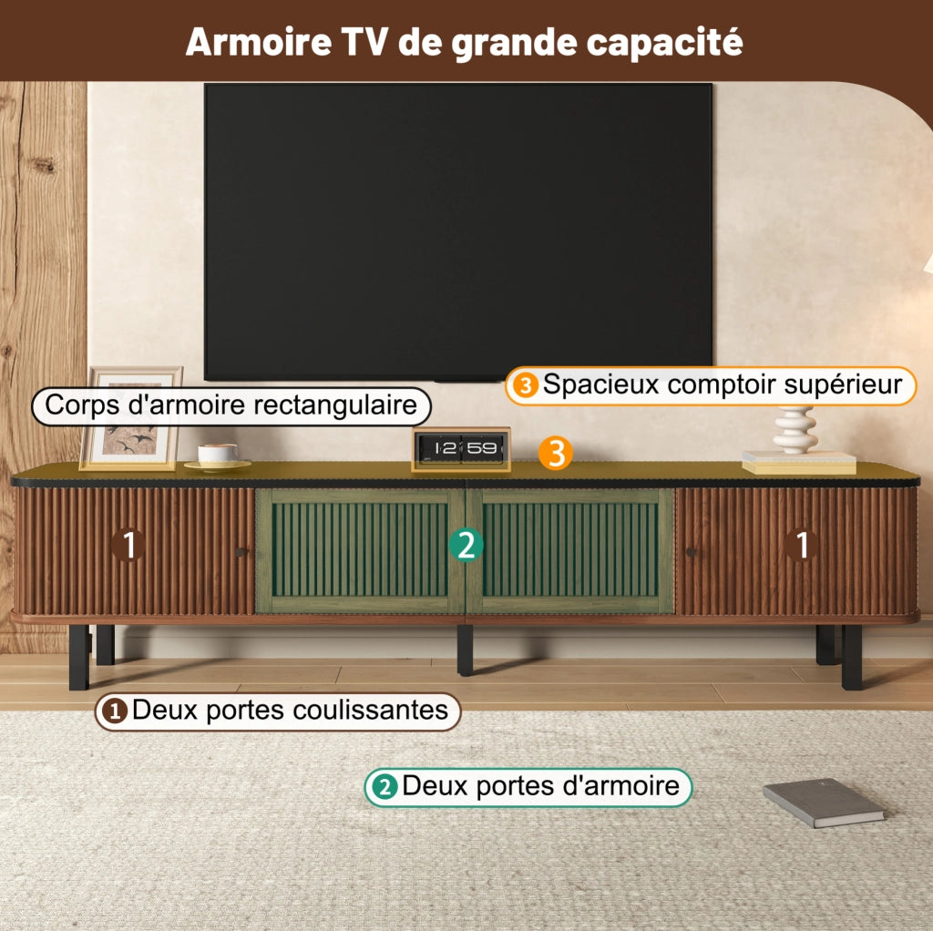 Mobile TV in MDF e PB noce, 190x35x45 cm con porte scorrevoli e rete per ricircolo aria