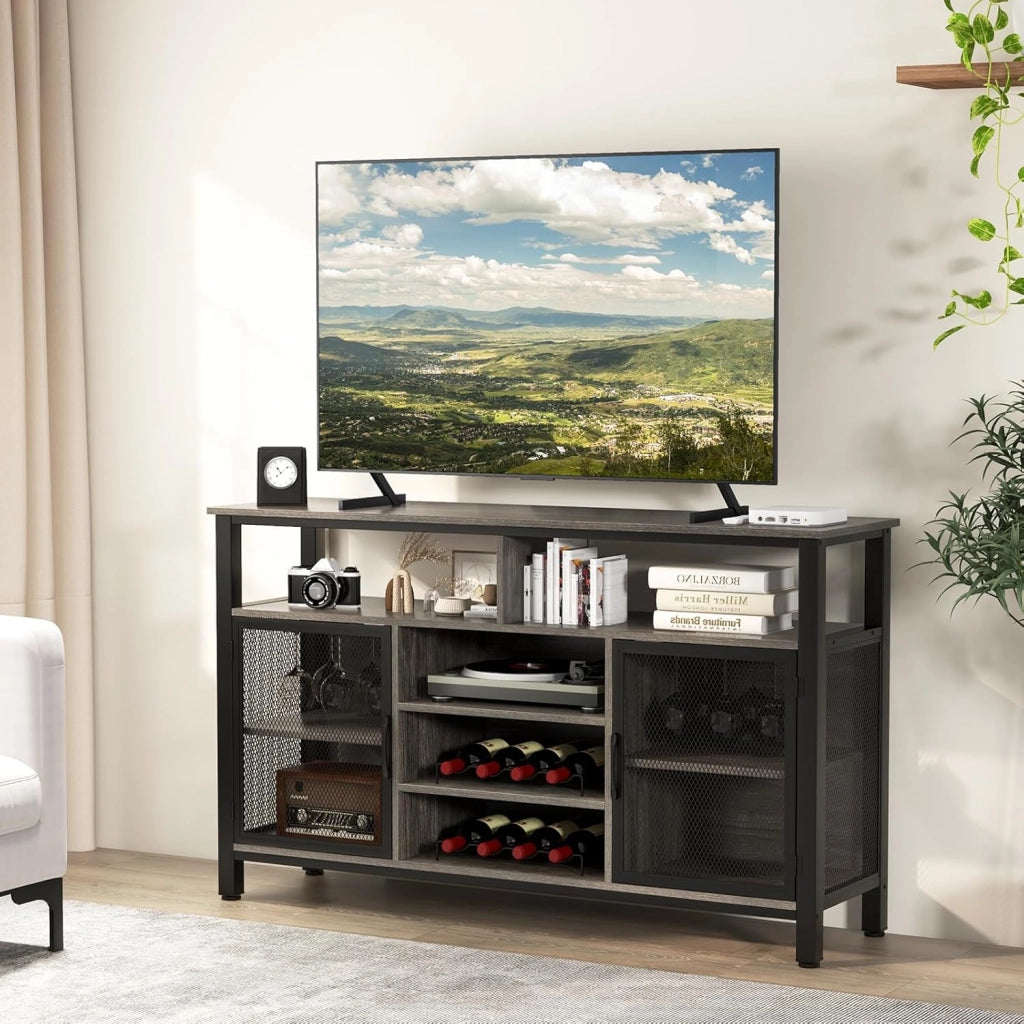 Credenza da Buffet, Mobilellto da Cucina con Portabottiglie e Portabicchieri, Porta TV per TV fino a 60" con 2 Armadietti con Anta, 3 Ripiani e 2 Scomparti Aperti, Nero/Grigio(Grigio)