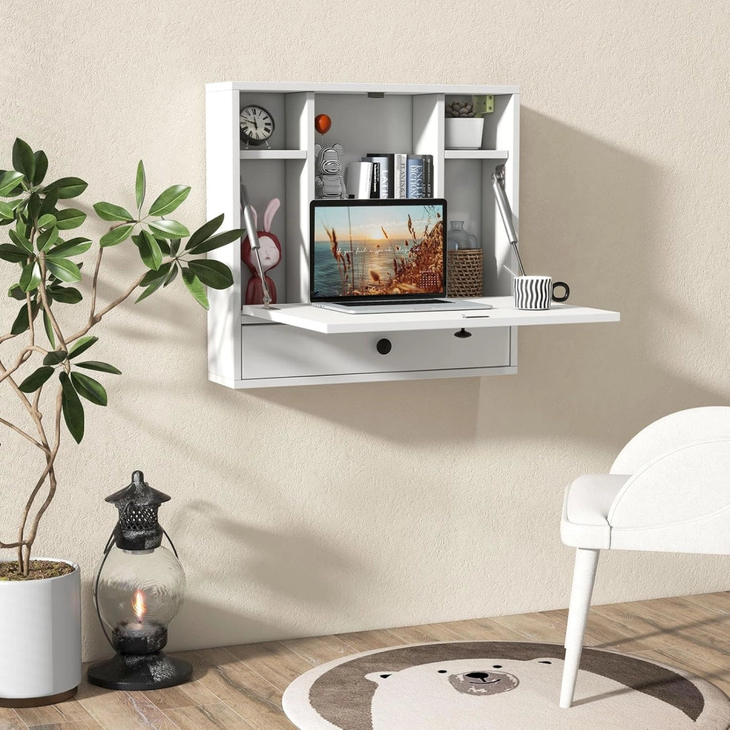 Tavolo da Parete Pieghevole in Legno Con Ripiani e Cassetti, Scrivania per Computer, Montaggio a Parete, 60 x 15 x 57 cm (Bianco)