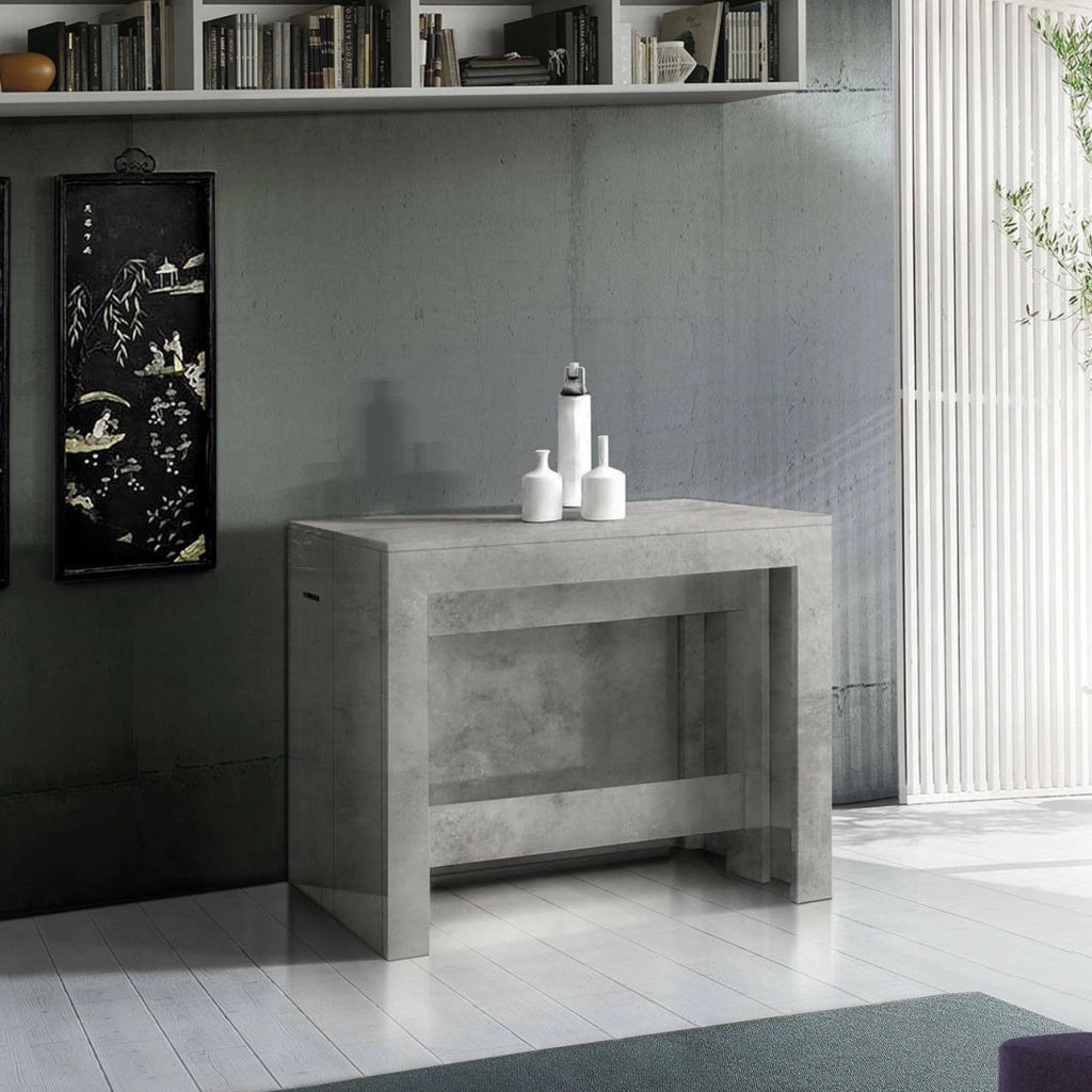 Tavolo da pranzo Anello, Made in Italy, Consolle allungabile fino a 12 posti, con portallunghe, cm 51/300x90h77 Grigio Cenere