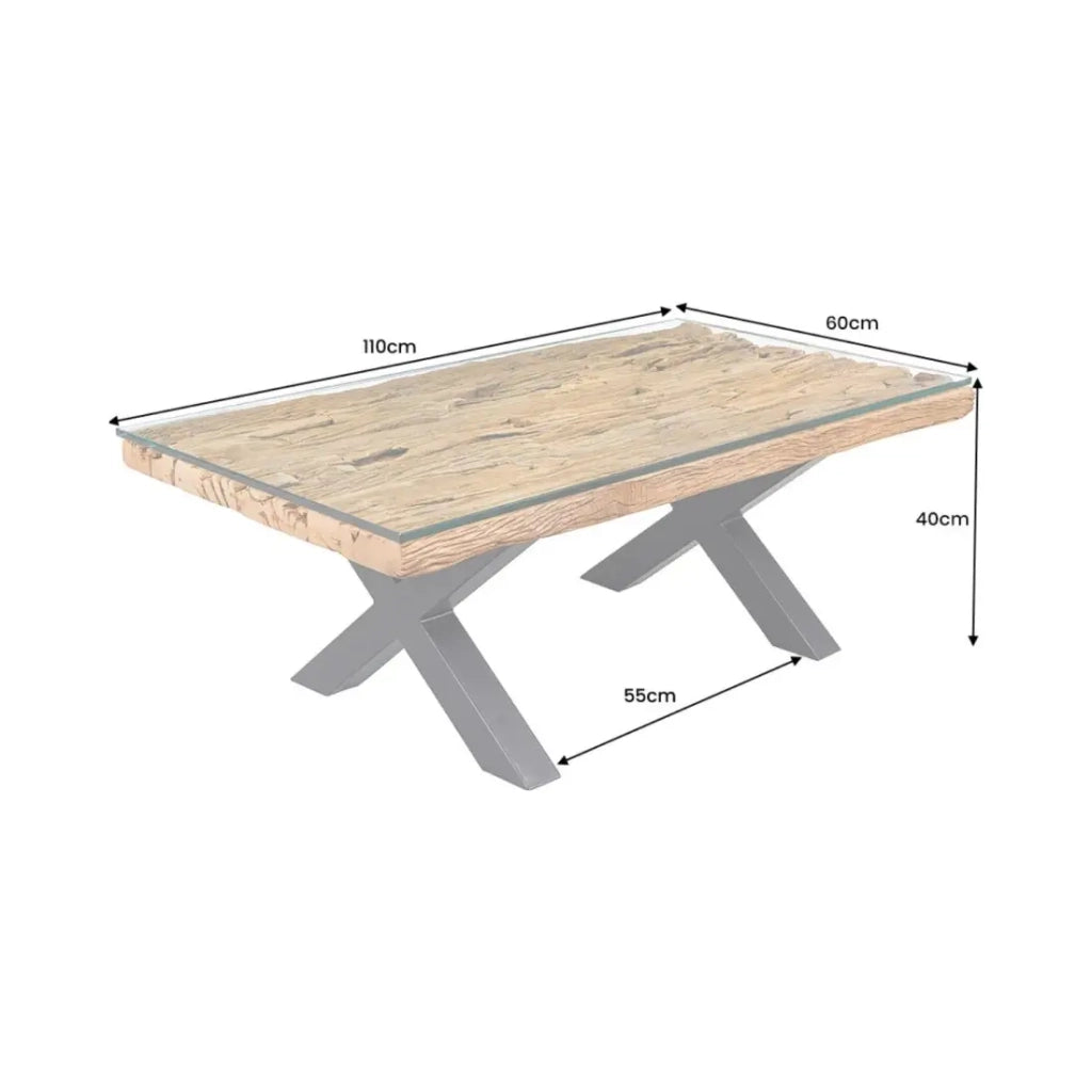 Tavolino basso RAFTA 110 cm in teak riciclato con vetro temperato – Design industriale con gambe incrociate in metallo