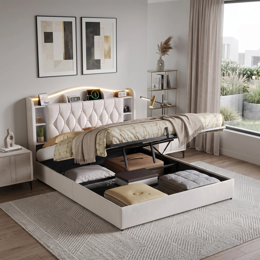 Letto matrimoniale 160x200 cm con contenitore LED RGB USB testiera rete a doghe velluto metallo legno - beige