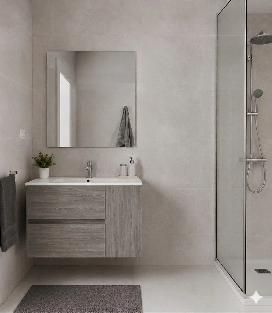 Mobile Bagno HEIMDALL Già Montato 2 cassetti e porta, lavabo e specchio Rovere affumicato 70x40 cm