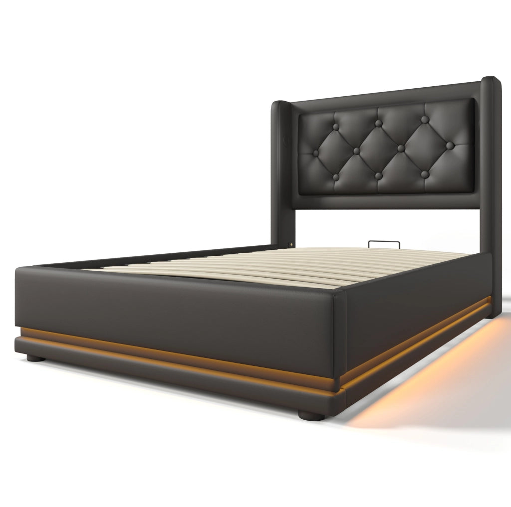 Letto contenitore 90x200 cm con LED e USB C; PU nero