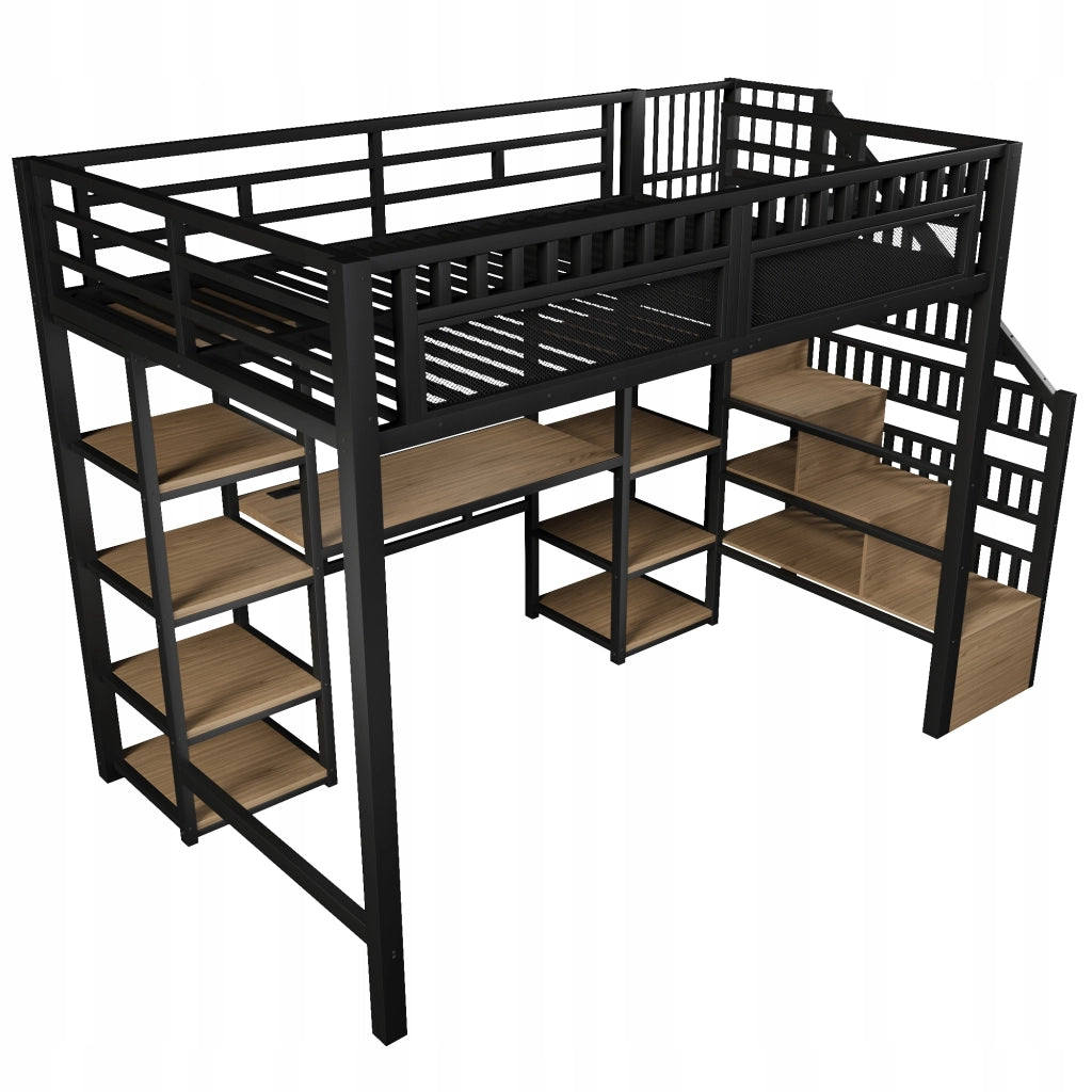 Letto a castello 140x200 - Xylo - Nero, con scrivania, illuminazione LED e porta USB