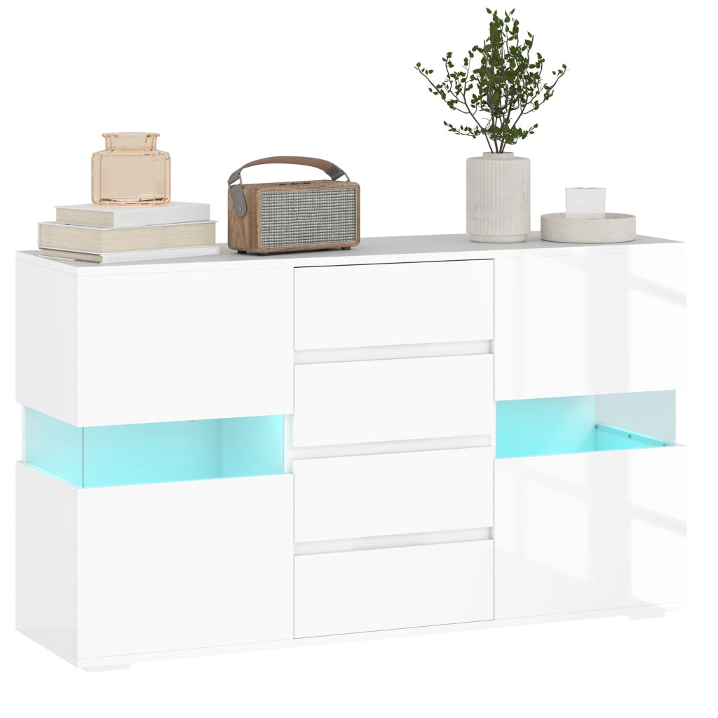 Credenza Moderna con LED Regolabile con Telecomando, 4 Cassetti e 2 Armadietti, 120x34x70 cm, Bianco