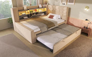 Letto imbottito con letto estraibile; LED e porte di ricarica; 90x200 cm; beige