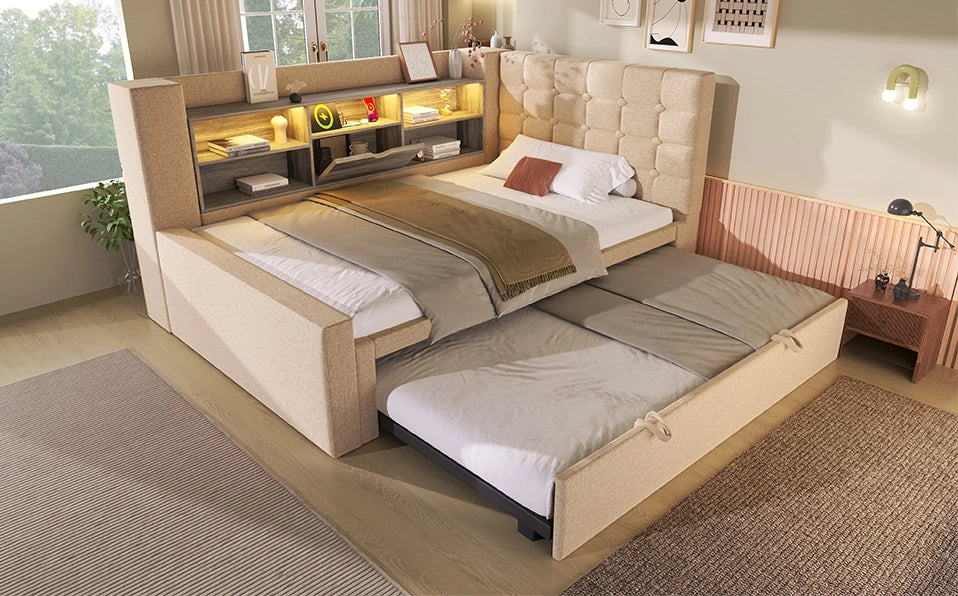 Letto imbottito con letto estraibile; LED e porte di ricarica; 90x200 cm; beige