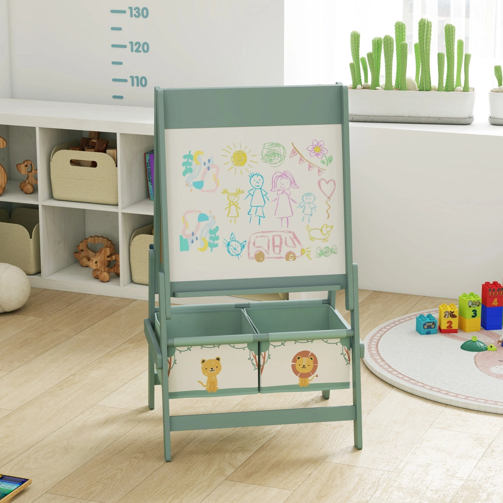 Lavagna per Bambini 3 in 1 54x46x94 cm con Cavalletto Rotolo di Carta e 2 Cestelli in Legno Verde