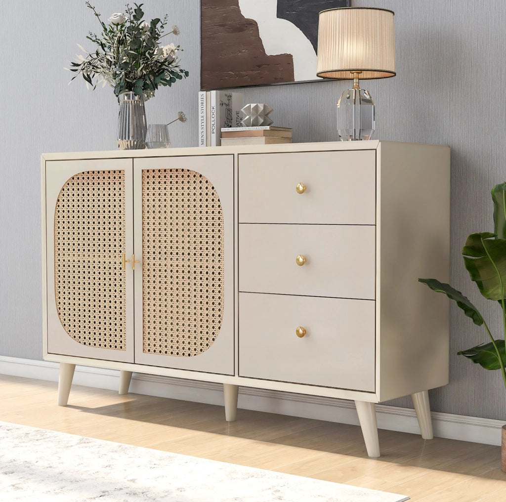 Credenza 120x40x82.5 cm con 2 ante e 3 cassetti; apertura a pressione; bianco crema