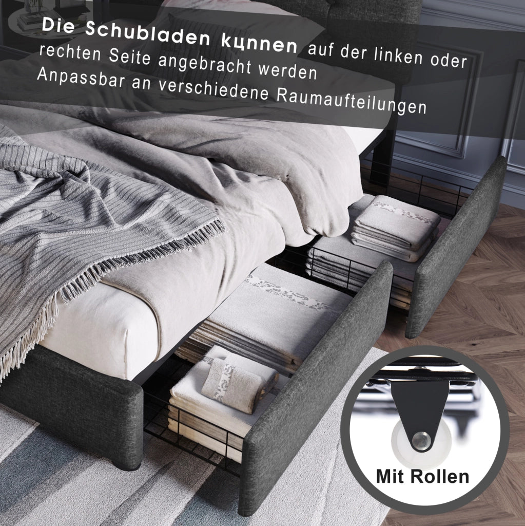 Letto singolo imbottito 90x200 cm grigio con LED, cassetti e materasso