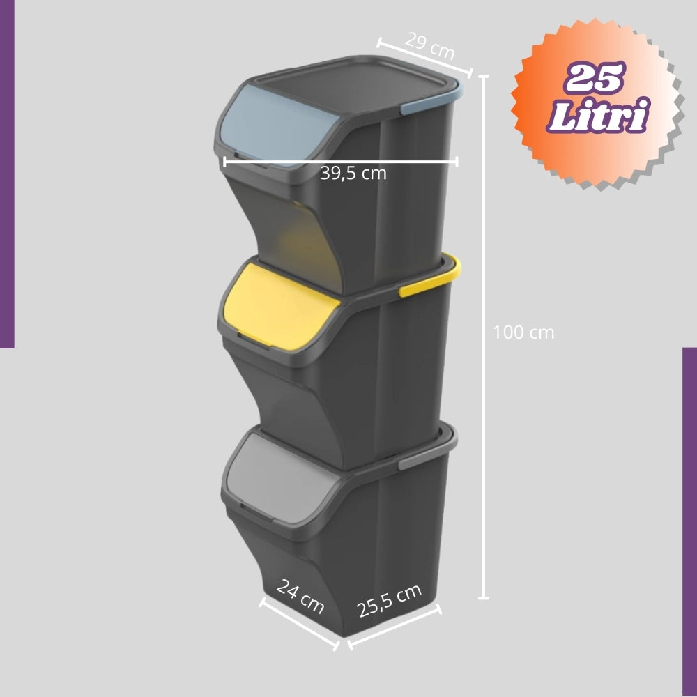 Kit 3 Pezzi Tris Pattumiera Raccolta Differenziata 3x25 Litri con maniglia Corpo NERO