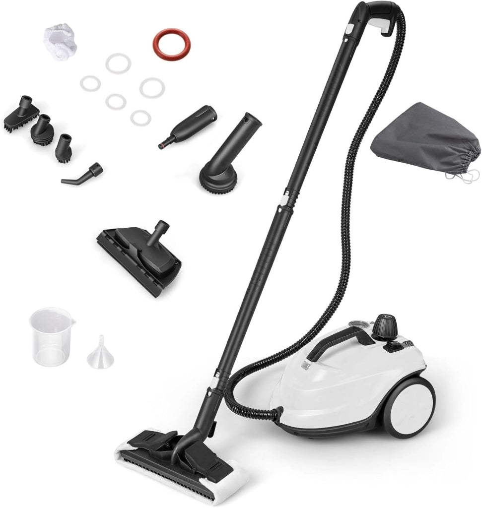 2000W Pulitore a Vapore, Macchina per Pulizia Rotante con 13 Accessori, Capacità d'Acqua di 1,8L, Macchina a Vapore Multiuso per Tappeti Finestre Vetri e Tende (Bianco)