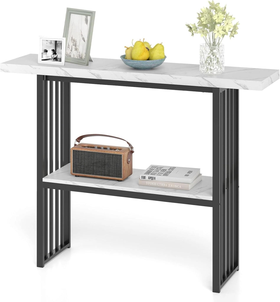 Tavolo Console da ingresso, 120 x 29,5 x 92,5 cm, piano in finto marmo e telaio in metallo, tavolino ausiliario con 2 ripiani, risparmio di spazio, tavolo da soggiorno, corridoio (bianco+nero)