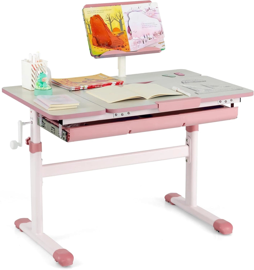 Scrivania per Bambini, Tavolo per Studenti con Regolabile in Altezza, con Piano Ribaltabile, Libreria, Cassetti e Righello di Misurazione, Ergonomica, Ideale per Bambini 3-12 Anni (Grigio)