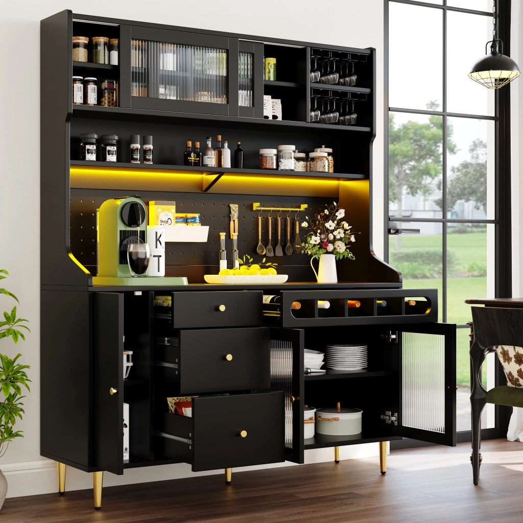 OKWISH Credenza alta da cucina con 1 cassetto, ripiani regolabili, LED USB e portabottiglie, per cucina, MDF e vetro, nero